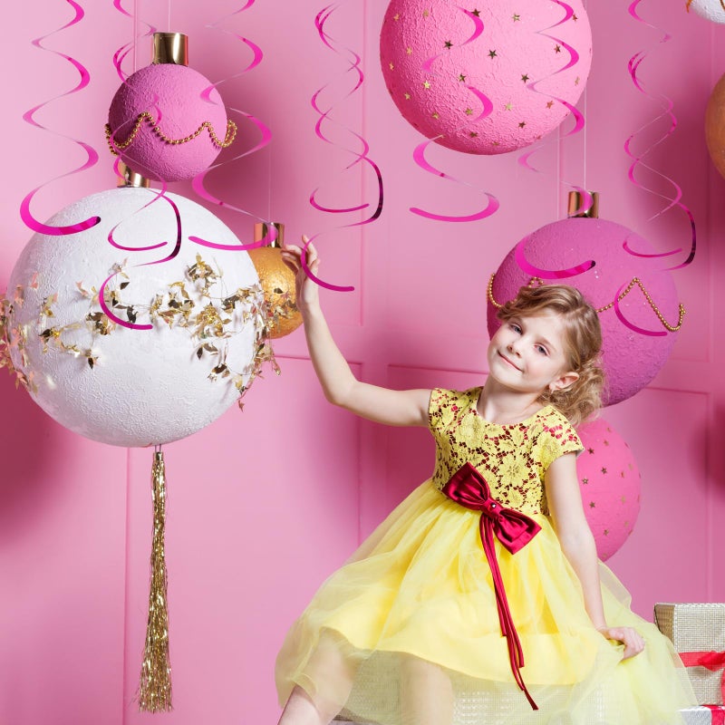 Fumwase 30 PCS Party Swirl Decorations Hot Pink Shinny Foil Hanging Swirl Decorations with Double-swirls and Single-swirls Plastic Streamer for Ceiling Plastic Metallic Streamer for Party Decorations - Image 4